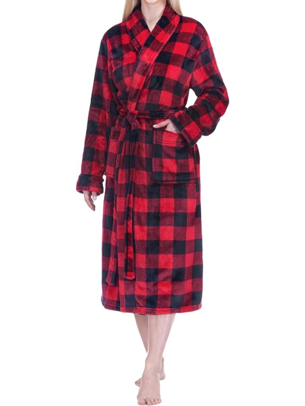 Cozy Plush Fleece Robe with Satin Trim, Soft Long Spa Bathrobe & Pockets